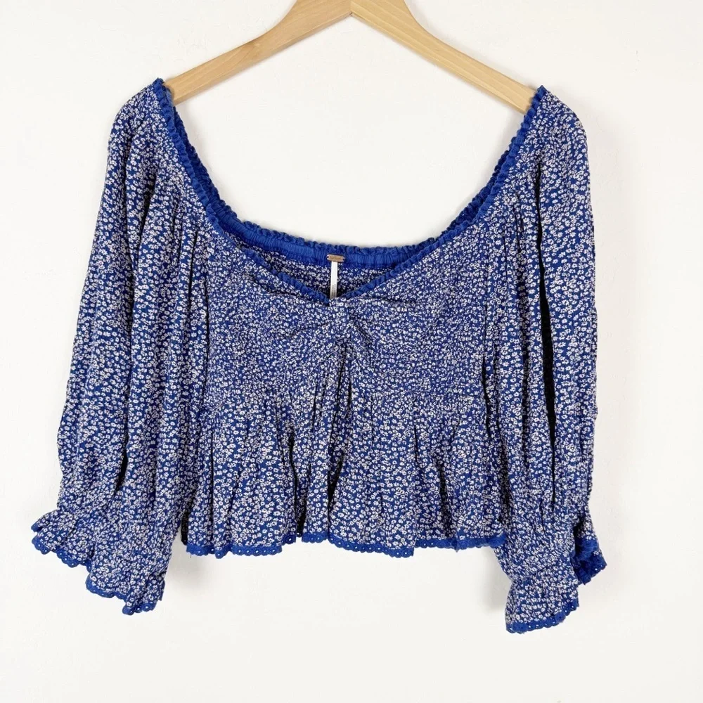 Free People Brittnee Printed Top Blue Floral